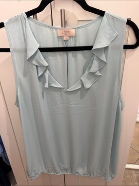 LOFT Pale Blue Ruffle V-Neck Sleeveless Top